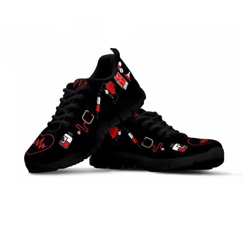 Women Sneakers Hospital Nurse Heart Print Breathable Mesh Flats Shoes For Ladies Girls Casual Student Nursing Shoes