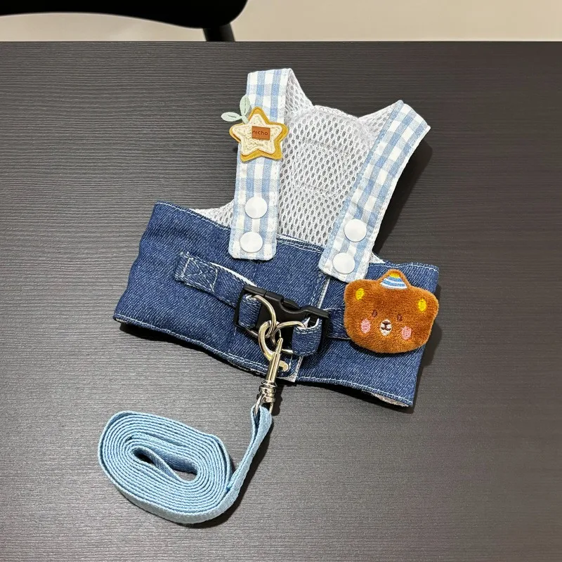 1/Set Dog Harness Leash Puppy Hat Cute Bear Plaid Stripe Harness Leash Rope Ins Style Dog Walking Small Supplies pet harness leash set pet harness set pet leash set
