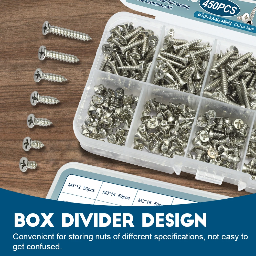 190/450/800/1300pcs Cross Flat Head Self-tapping Screw Assortment Kit Nickel Plated M1-M4 Phillips Countersunk Head Wood Screw
