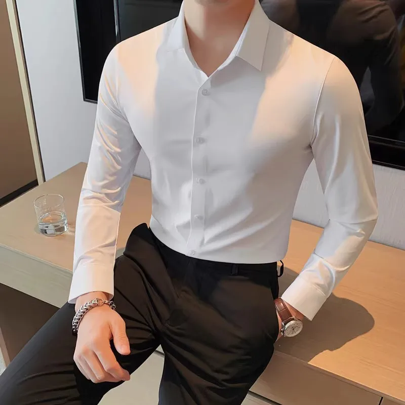 

High elastic non-crease glue long sleeve shirt men fashion all match banquet handsome British business casual shirt CA(Origin)