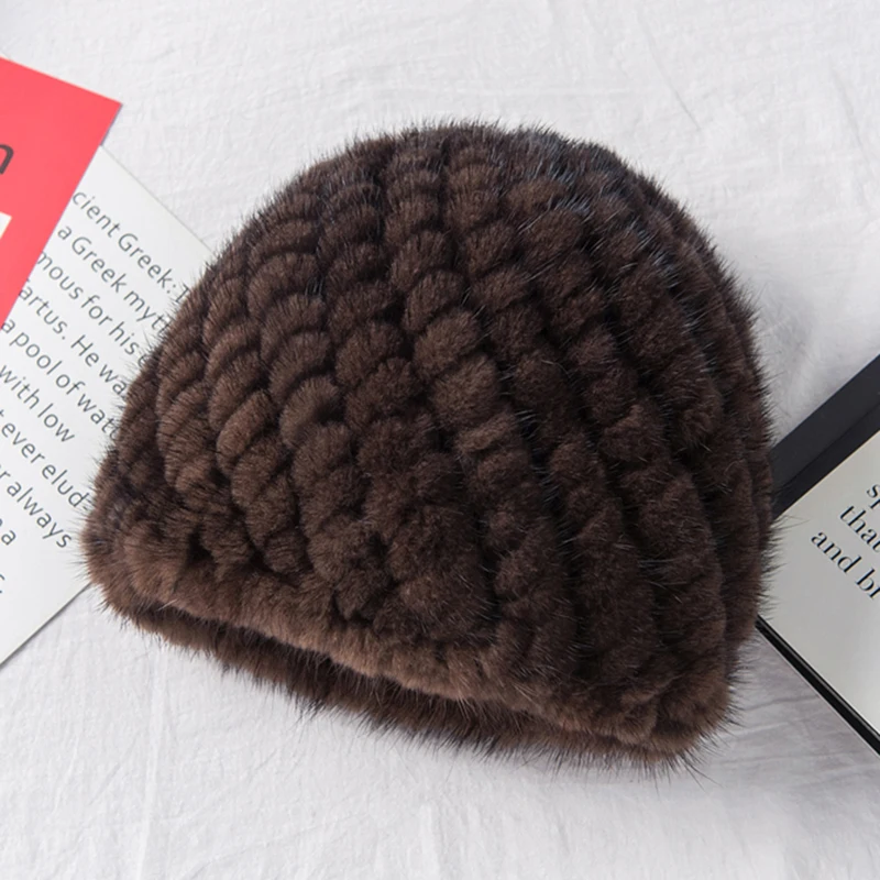 Russia Winter Lady Natural Mink Fur Beanies Hat Knit Warm Striped Genuine Mink Fur Caps Women Good Elastic Real Hat