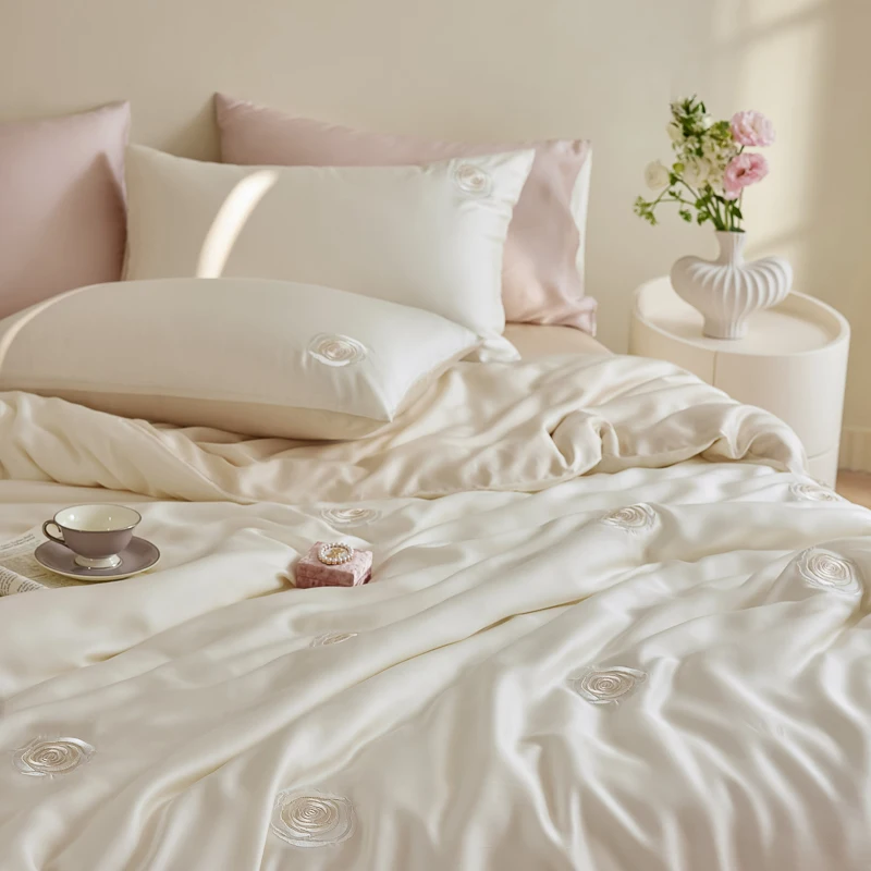 Lyocell Bamboo Fiber Silky Cool Feeling Sleeping Naked Bedding Set Rose Flowers Embroidery Duvet Cover Bed Sheet Set Pillowcases 5