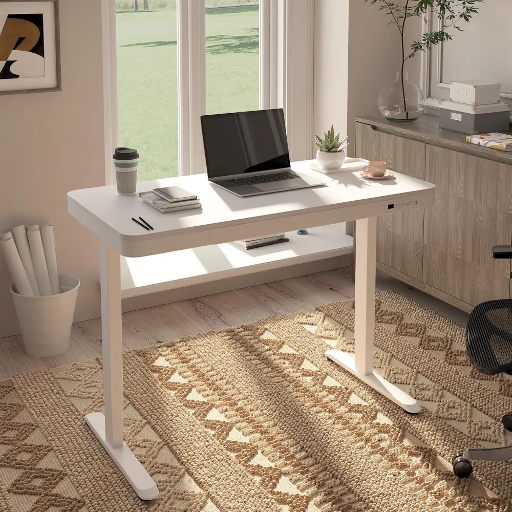 Comhar Electric Standing Desk with Drawers Charging USB A to C Port, Height Adjustable 48" Whole-Piece Home Office Computer Lap