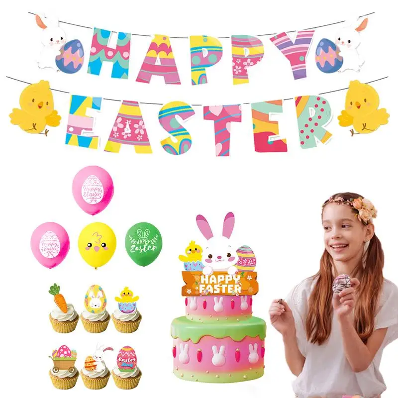 

Happy Easter Banner Easter wall hanging Backdrop Bunny Cake Topper Festive Easter Party Decoration easter Banner Supplies