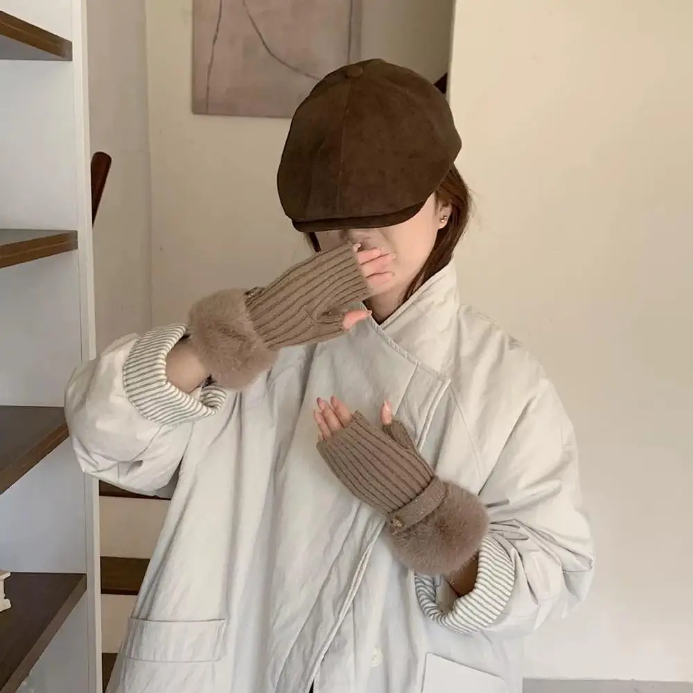 Women Hand Warmer Winter Fashion Faux Wool Cuff Gloves Knitting Warm Fingerless Gloves Luxury Warm Plush Gloves For Work Study