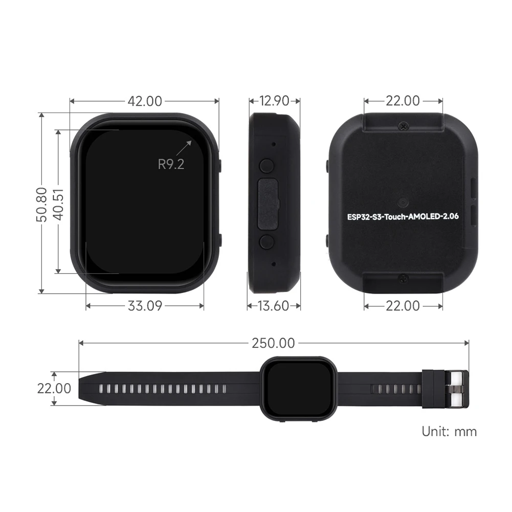 S3 2.06인치 AMOLED 디스플레이 개발 보드는 ESP-IDF Arduino용 탈착식 스트랩으로 오프라인 음성 인식을 지원합니다.
