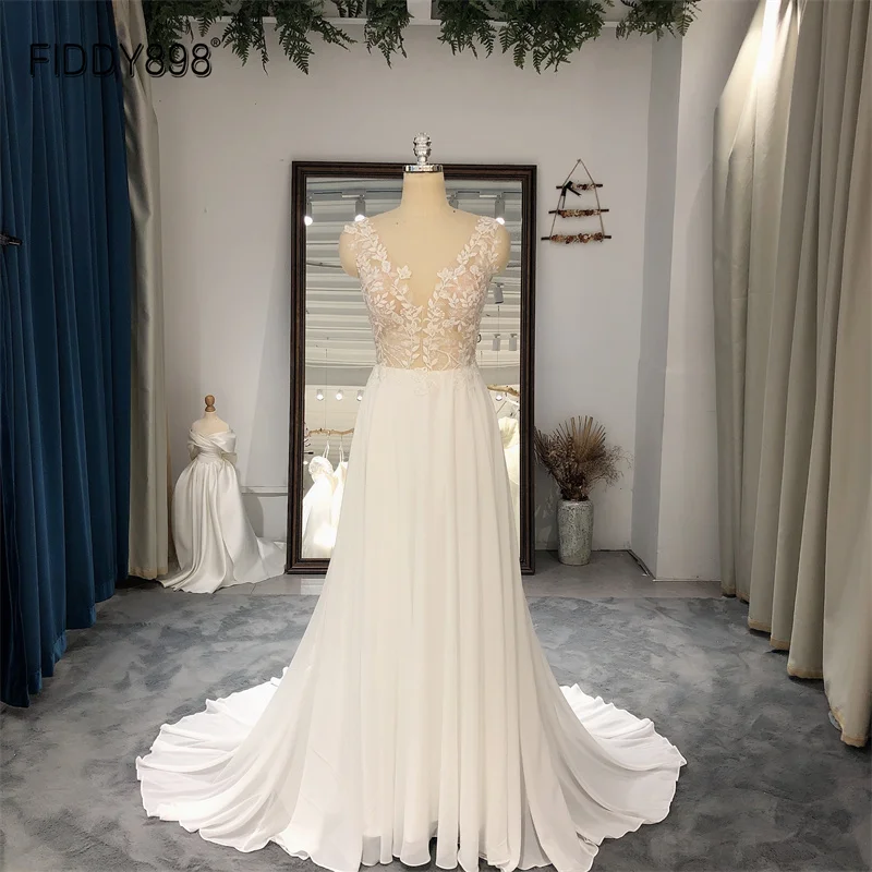 

FIDDY898 V-neckline Wedding Dresses Lace Floral Appliqued Sleeveless Bridal Gowns A-line Backless Bridal Wedding Dresses QW01232