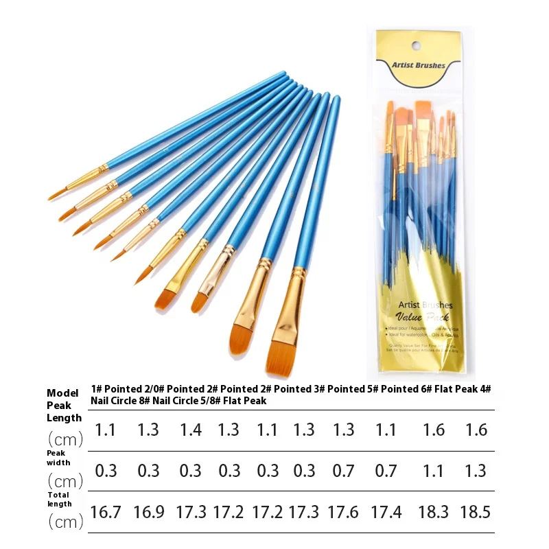 Painting Brushes Set of 10 Pearlescent Blue Wooden Pole Watercolor Brush Set Nylon Wool Brush Set Oil Set