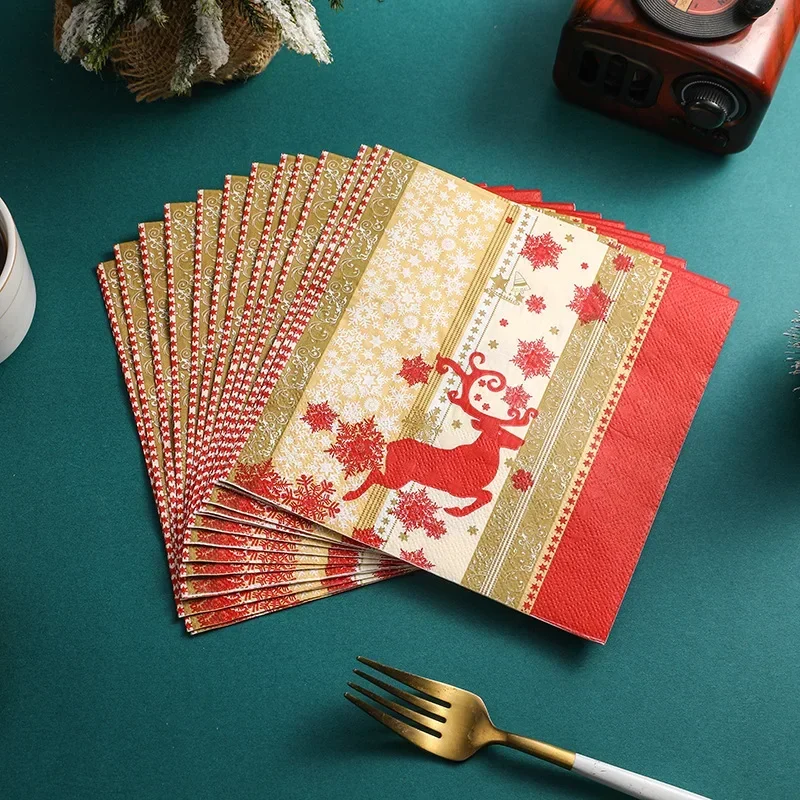 10/20pcs 33cm 2-Ply Christmas Theme Party Elk Print Red Gold Napkins Colourful Christmas Series Square Napkins Paper Placemats