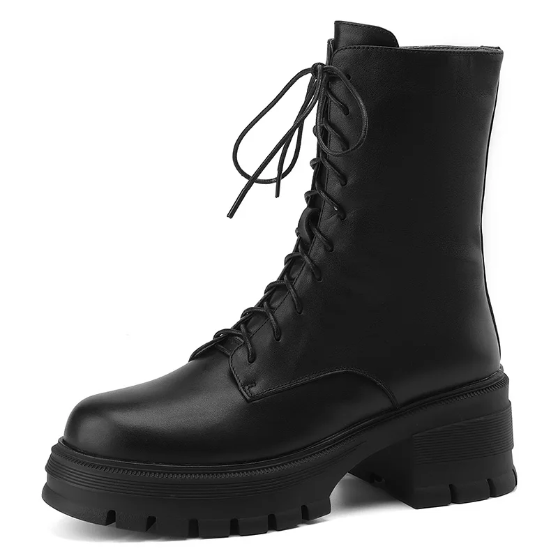 

Genuine Leather Women Wool Ankle Boots JINTRENDY Autumn Winter Black Ladies Platform Ankle Boots Round Toe Cross Strap Boots