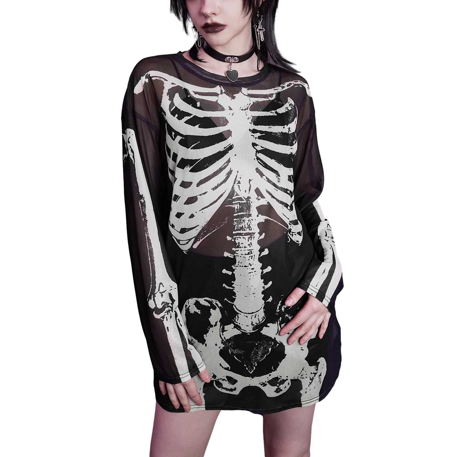 

Women's Gothic T-shirt Fashion Hollow Out Long Mesh Long Sleeve Crewneck Skull Print Casual Spring Summer Tops