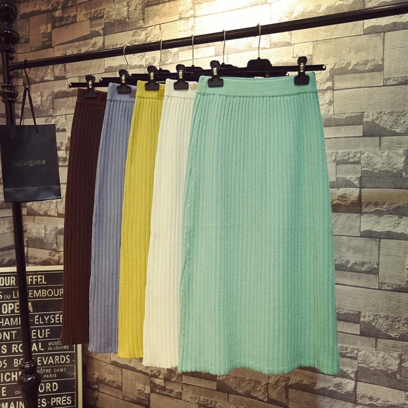 

High Waist Knitted Skirts Women's Medium Long A-line Wrap skirts midi skirt women knitted skirt