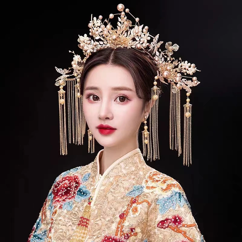 

Vintage Chinese Hair Accessories Traditional Wedding Bridal Headpiece Gold Pearls Hair Combs for Women Hanfu Hairpins Headdress