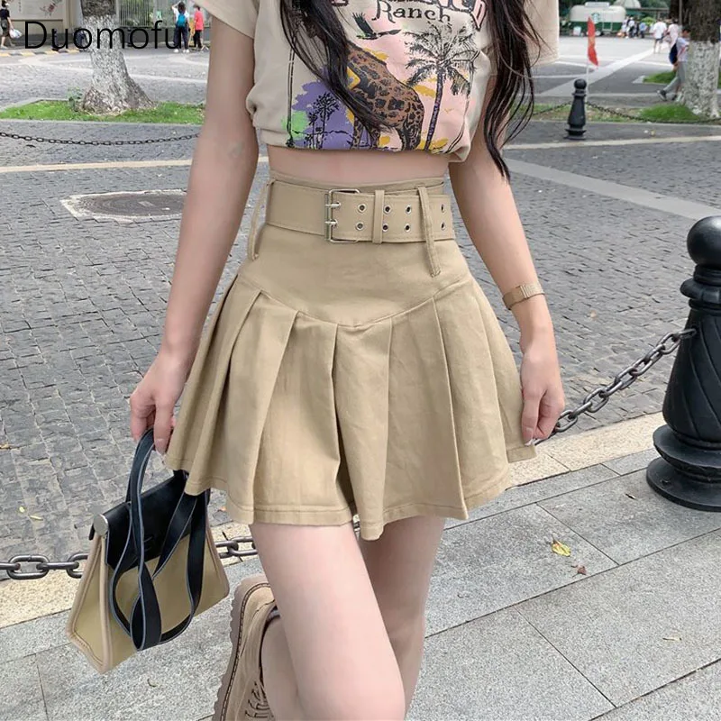 

Duomofu Y2K Pleated Mini Skirts Women Streetwear Belt High Waist A Line Skirt Preppy Student Korean Vintage Slim Casual Skirts