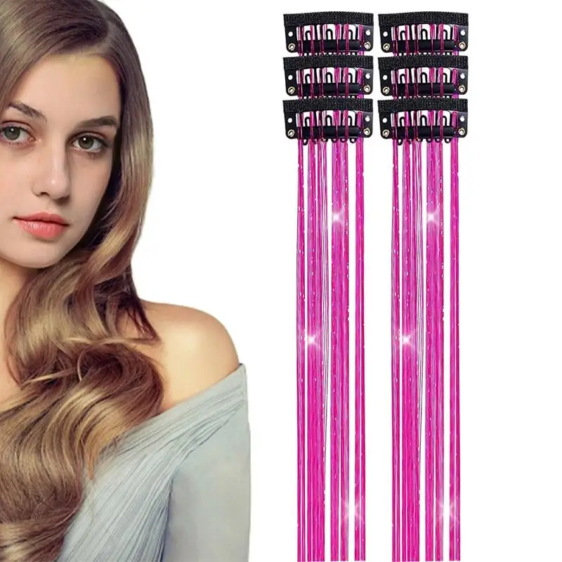 6pcs Sparkle Hair Tinsel Extensions Dazzles Shiny Clip Tinsel Kit Colorful Fairy Glitter Smooth Long Braiding Tools For Girls