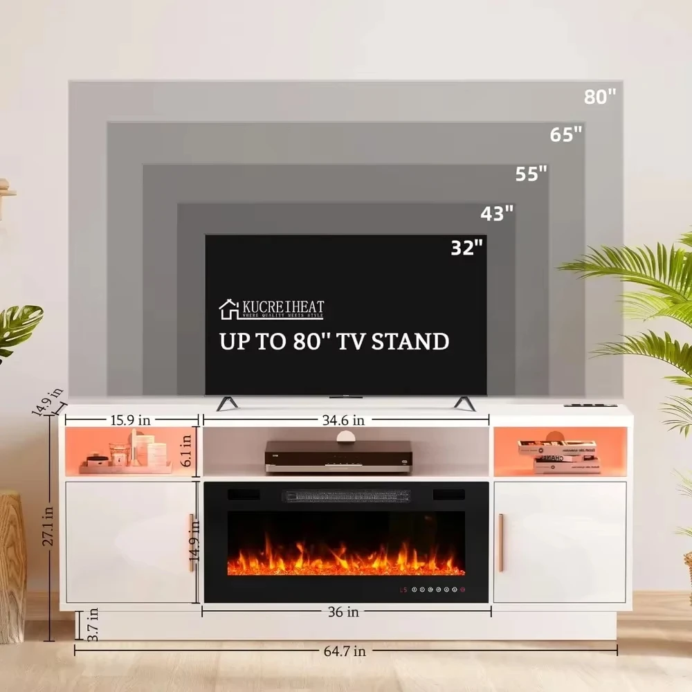70''TV Stand with 36''Fireplace-LED Light Entertainment Center for 75+inch TV-White TV Cabinet,Modern TV Console for Living Room 5