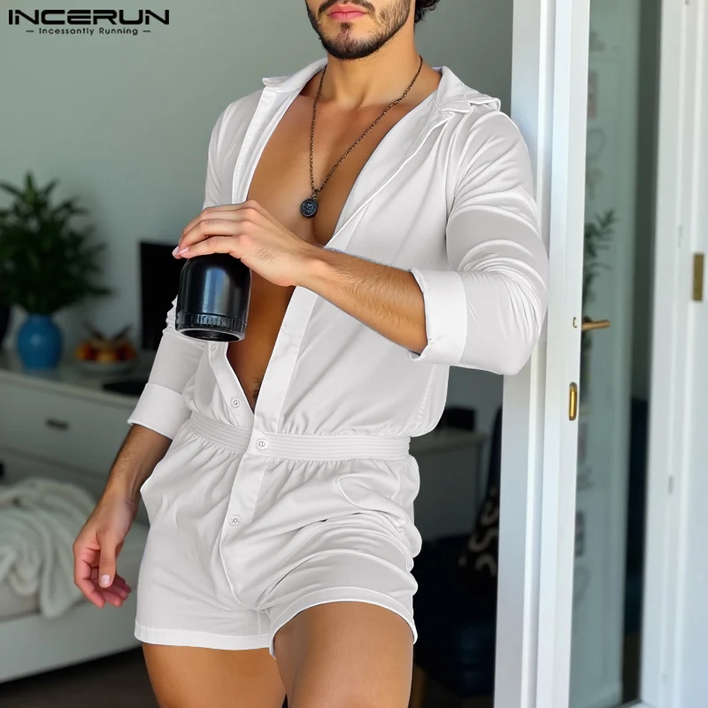 Turn Down Collar Buttons Comfortable Homewear INCERUN Men Well Fitting Long Sleeved Bodysuits Casual Fashion Loungewear