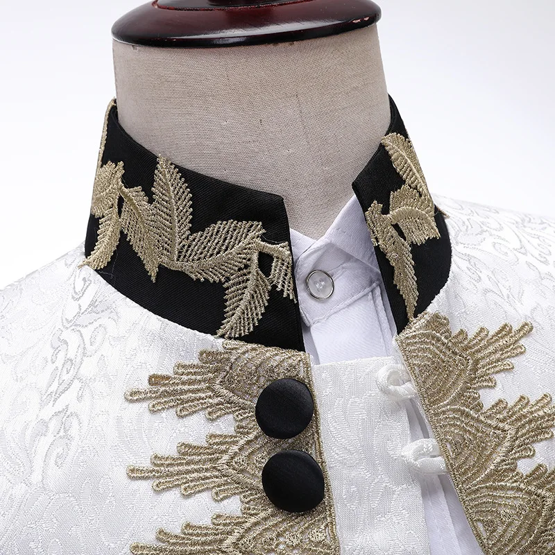 Vintage Stage Costume Prince Charming Cosplay Smokings Hombre Tuxedo Man Tailcoat White Appliqued Suit Jacket Embroidered