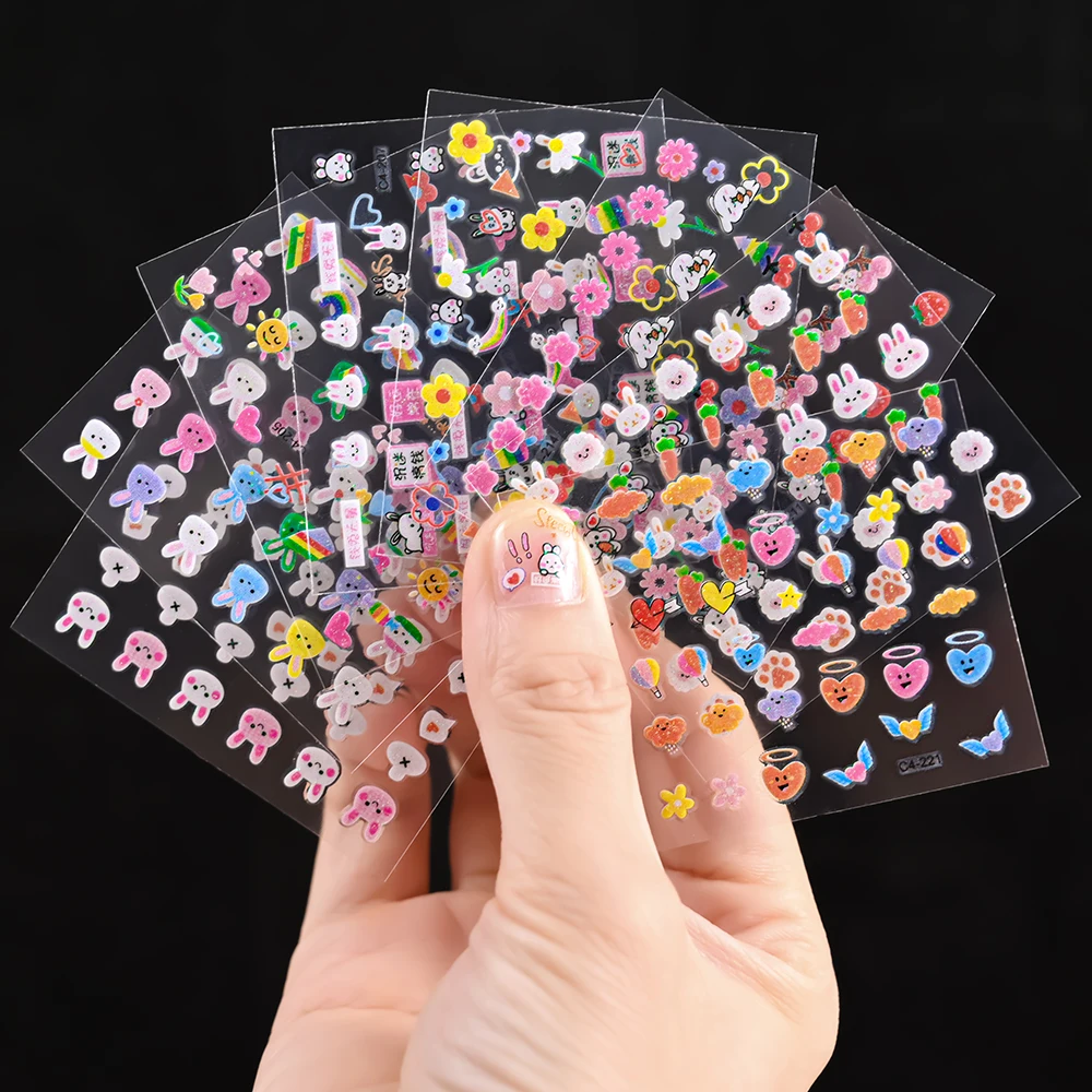 Children's Cartoon Rabbit Nail Stickers with Sequins and Glitter Colorful Flowers DIY Decal Kid Toy Kawaii Girl Ornaments 30pcs nail stickers,nail decals,nail art decoration,flower stickers