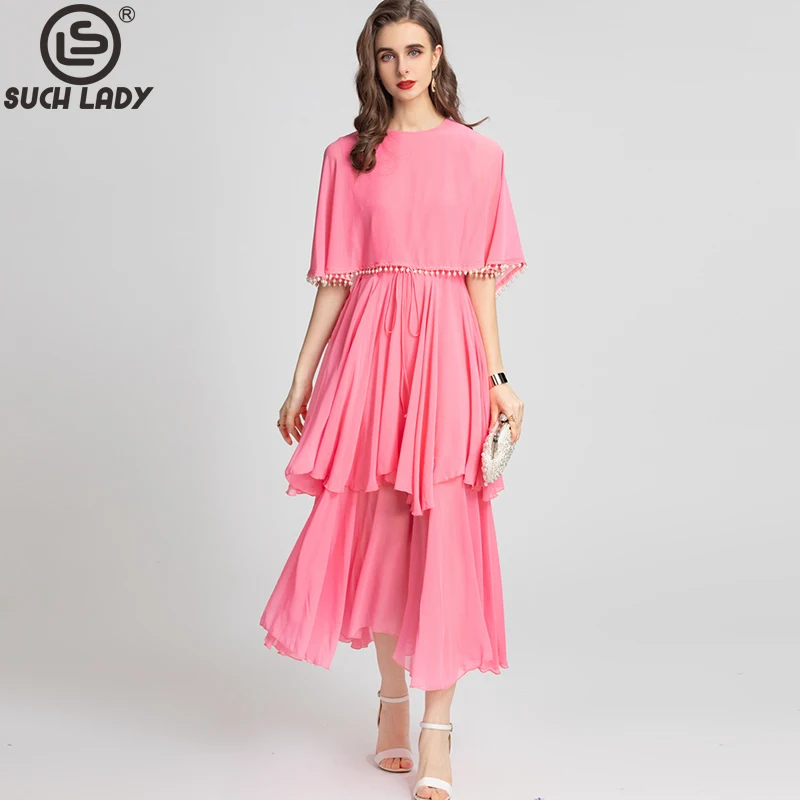 

Women's Runway Dresses O Neck Cape Sleeves Tassels Tired Ruffles Elegant Fashion Holiday Vestidos