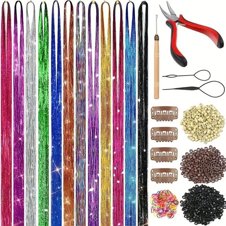 36/48 Inches 10 Mixed Colors Tinsel Synthetic Hair Extension Glitter Kit Glitter WithTool 3600 Strands, Hair Extensions Set 1