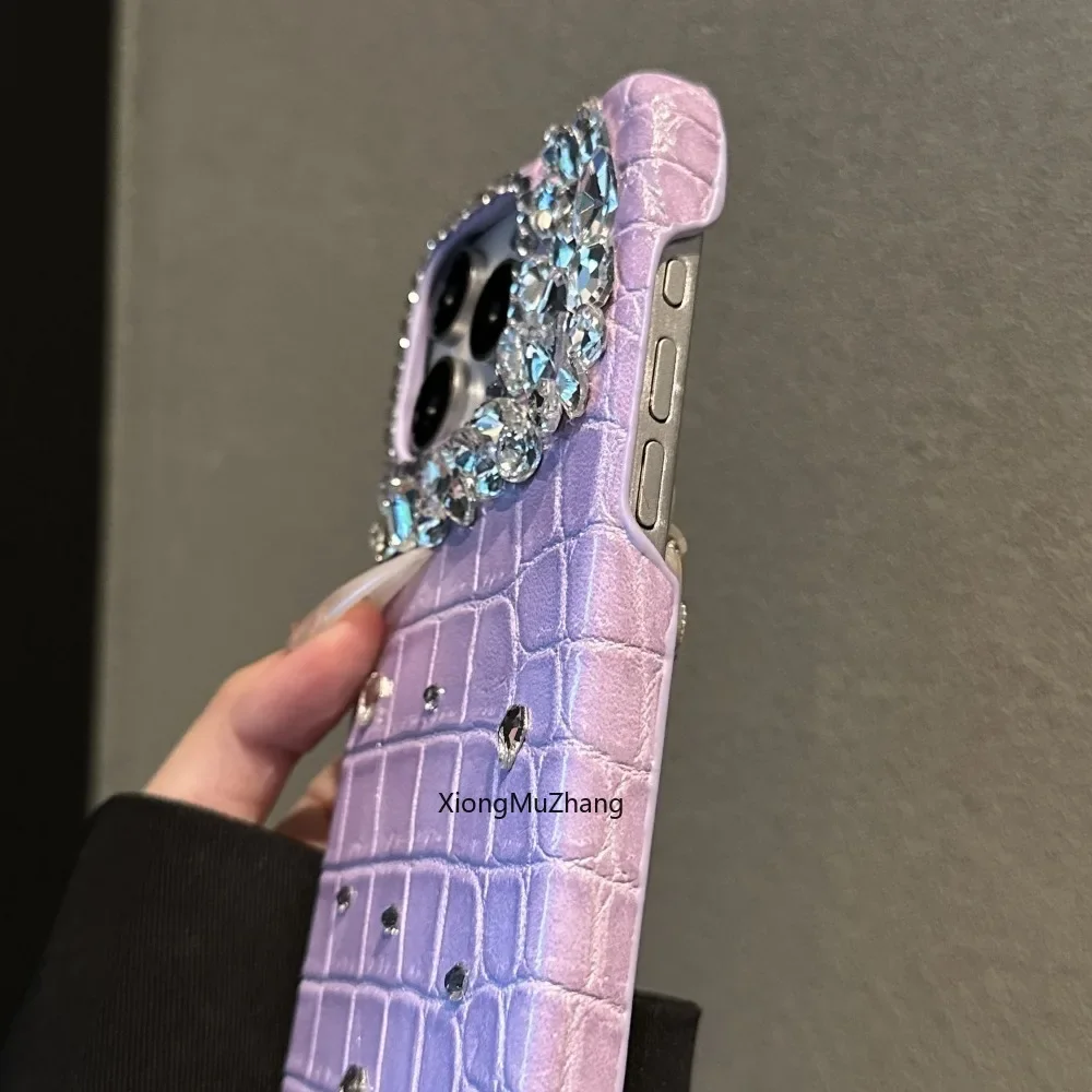 Purple Crocodile Pattern Luxury Rhinestone Shockproof Case for IPhone 15Pro Max 14 13 12 ProMax Womem Girl Cover