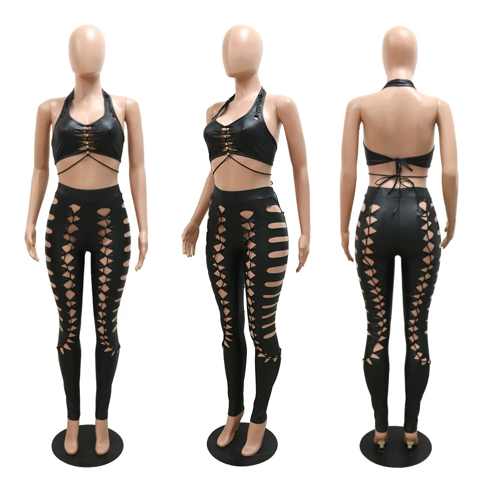 Women Hole Two Piece Set Fitness Summer Yoga Tracksuit Solid Lace Up Vest Crop Top Leggings Pants Outfit Party Club Matching Set