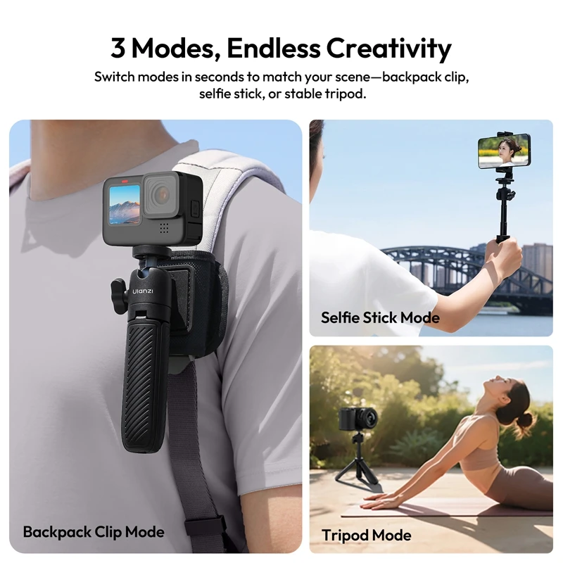 Ulanzi MT88 ClipMate Tripod 3-in-1 Versatility Backpack Clip Mode Selfie Stick Mode Extendable Tripod Mode with 360° Ball Head