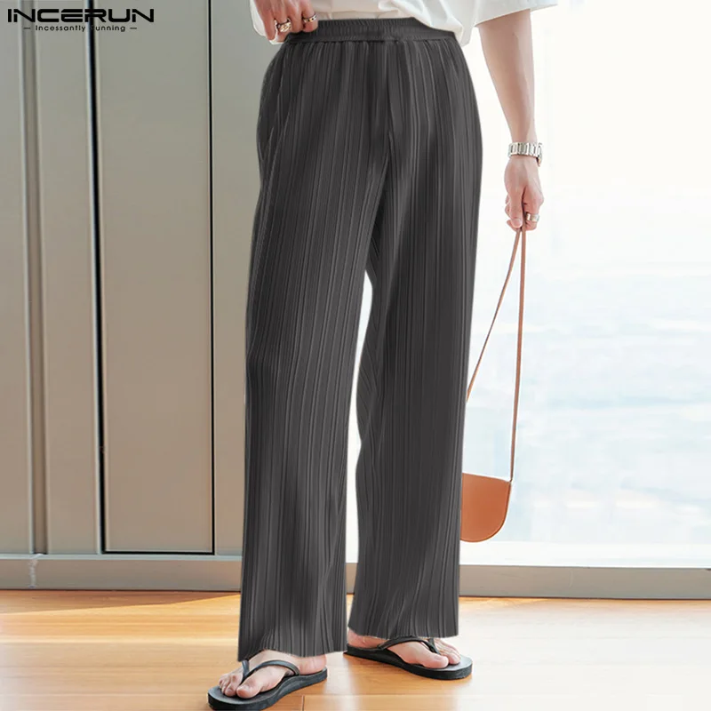 

Брюки INCERUN мужские прямые однотонные, свободные повседневные штаны с эластичным поясом, уличная одежда, длинные брюки для отдыха в Корейском стиле, 2024