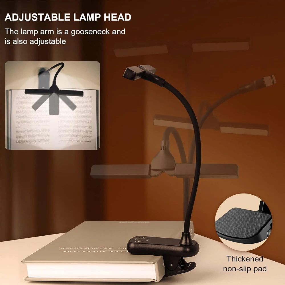 Luz LED con Clip para libro, lámpara de lectura portátil con doble cabezal, 3 colores, 8 brillos, recargable por USB, 14 unidades