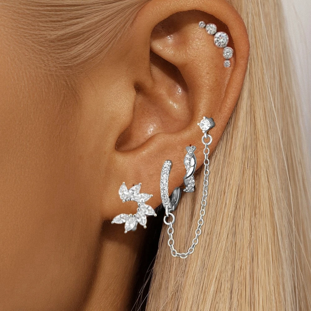 4er-Set Pferdeaugen-Huggie-Creolen für Damen – Modische Tragus-Piercing-Ohrstecker, Knorpel-Ketten-Ohrringe, Helix-Schmuck im Großpack – Detail 4
