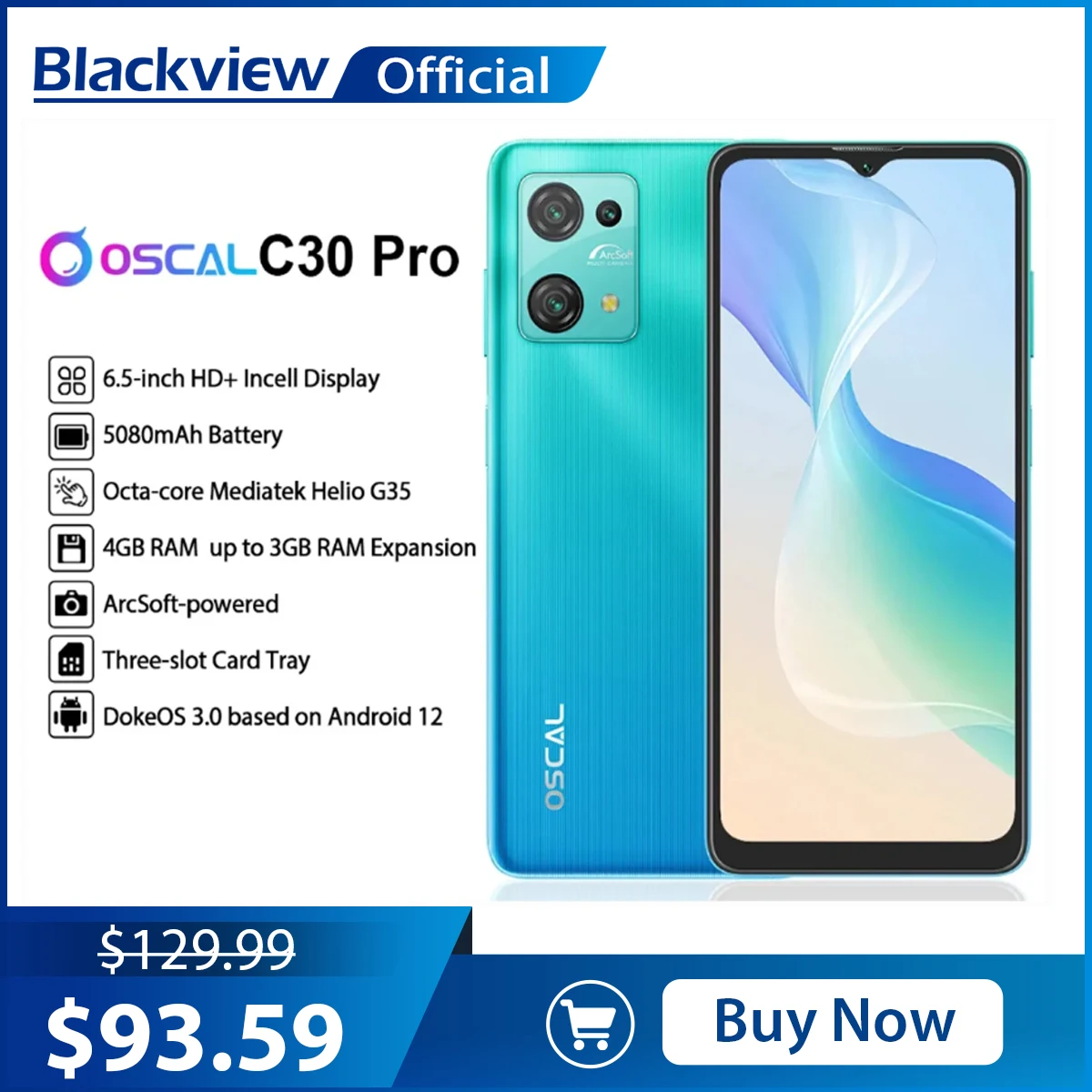 Blackview Oscal C30 Pro Android 12 Smartphone 7Gb + 64Gb 6.5 Pollici Telefoni Cellulari 5080Mah Batteria Dual 4G Telefoni, Cellulare