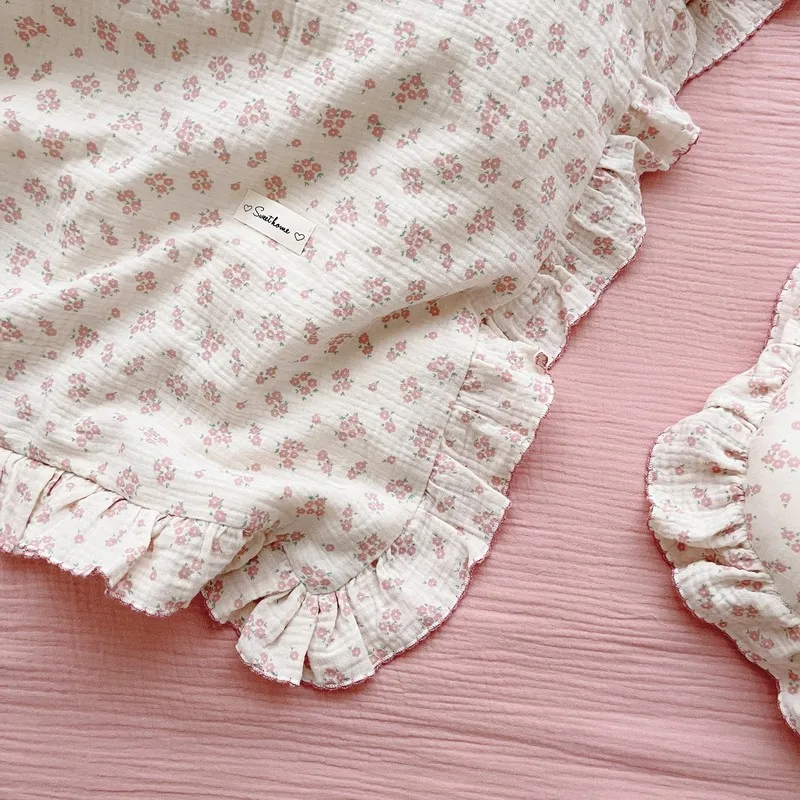 Pink floral cotton duvet cover set twin size cotton rich floral ruffle edge bedding set 2pcs