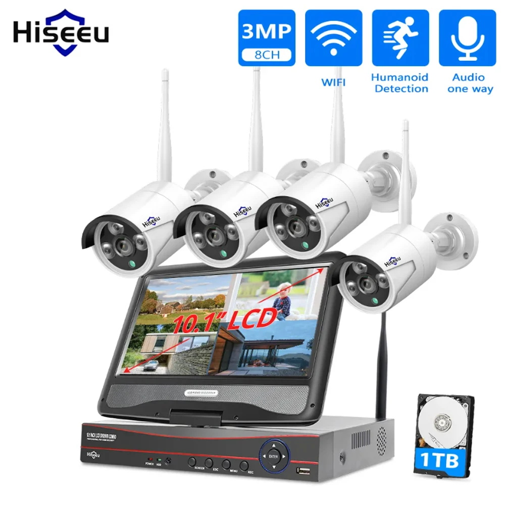 Hiseeu 8CH 3MP Wireless Security Cameras Kit Outdoor Waterproof IP Camera Surveillance CCTV System Set with 10.1
