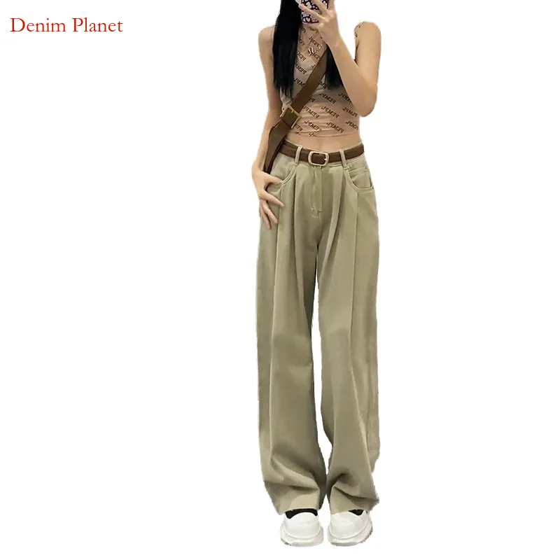 

Denim Planet High Waisted Pleated Wide Denim Women Loose Sagging Feel. 2024 Slimming And Versatile With Floor Dragging Straight