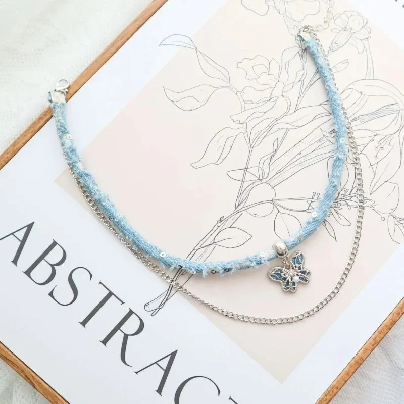 Vintage Denim Blue Cross Flower Bow Double Layered Pendant Necklace Women Chic Cowboy Clavicle Chain Party Jewelry