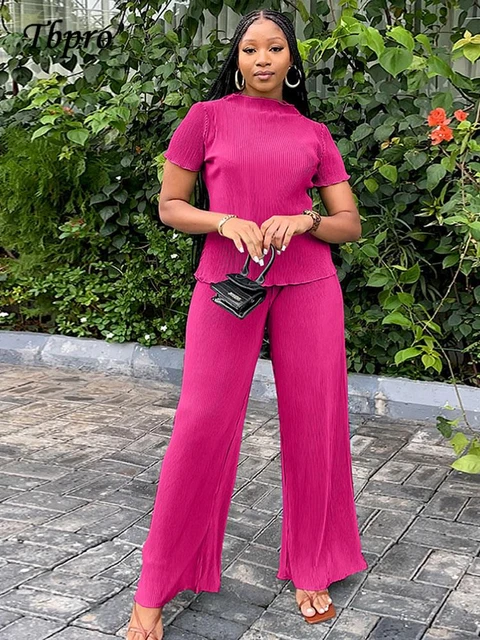 Women Fashion Pleated Two Piece Set O Neck Short Sleeve T-shirt High Waist  Wide Leg Pants Suits 2022 Summer Casual Lady Outfits - Pant Sets -  AliExpress