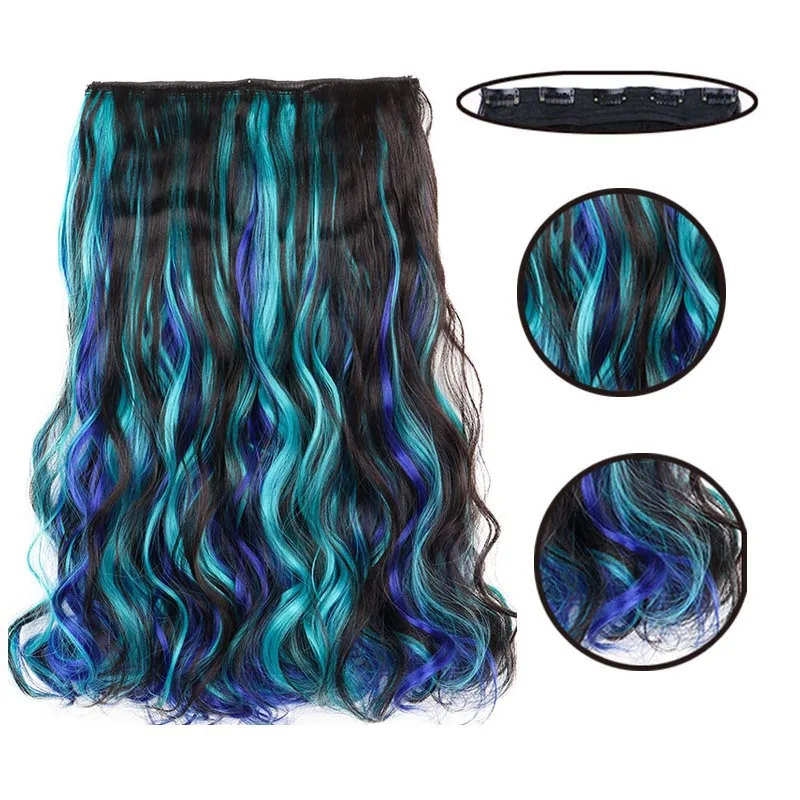 Synthetic 5Clip in Hair Curly Extension 18 Inch Curly Black Mix Blue Highlights Thick Hairpieces Fiber Hair for Women