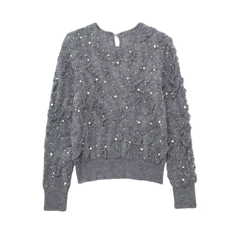 

Women 2023 Autumn Fashion Faux Pearl-Embellished Knitted Sweater Vintage O-Neck Long Sleeves Female Pullover Chic Top