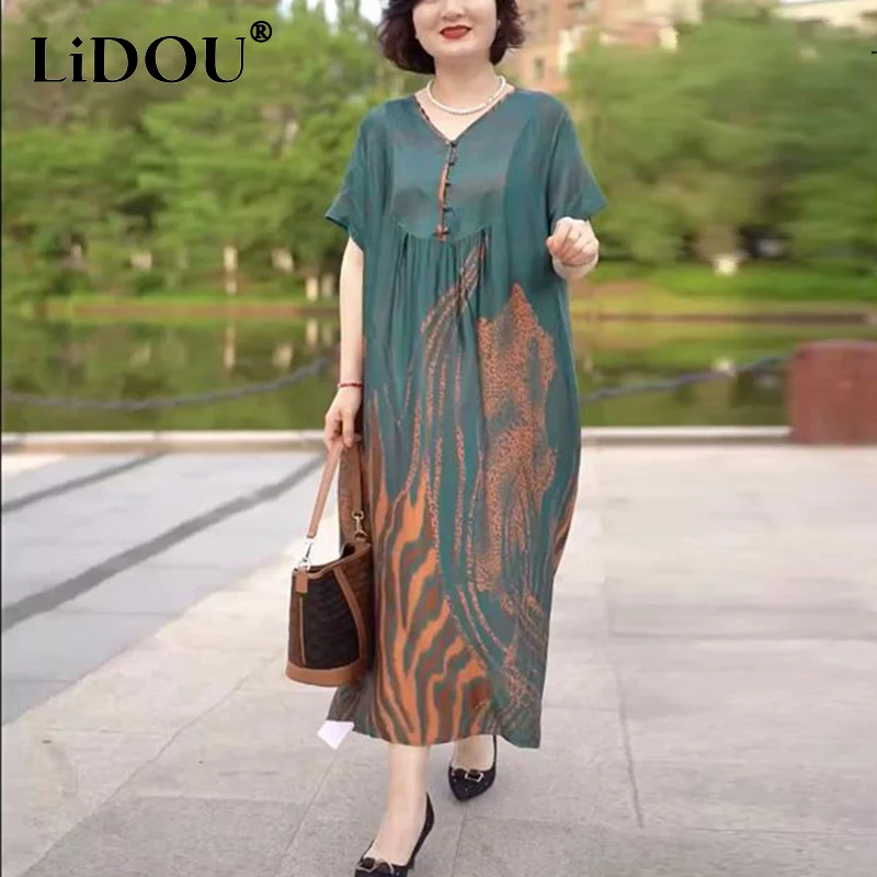 

Summer Elegant Fashion V-neck Vintage Printing Robe Ladies Loose Casual Short Sleeve Vestidos Women Comfortable Oversized Dress