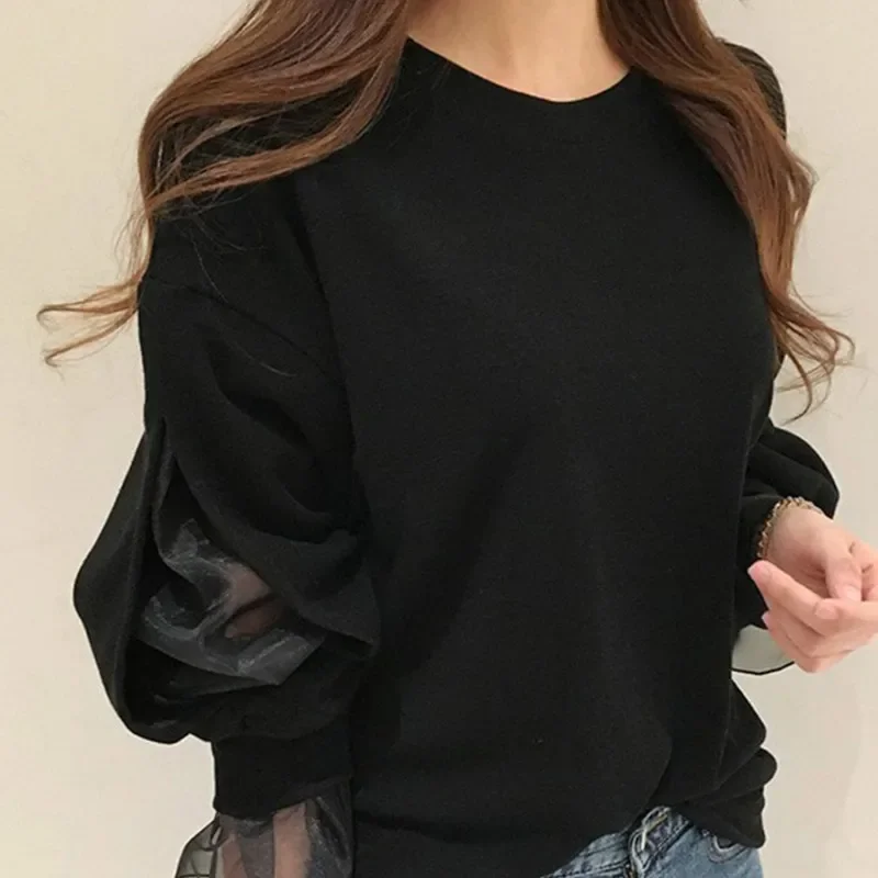 2023 Spring Women Casual Hoodie Mesh Patchwork Chic Black Hoodie Streetwear Female Fashion Korean Long Sleeve Thick Sweatshirt