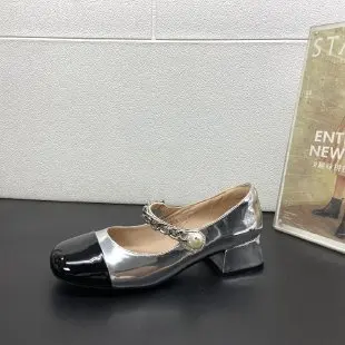 

Женские туфли мэри джейн на Высоком толстом каблуке, серебристые туфли с квадратным носком в стиле ретро, новинка 2024