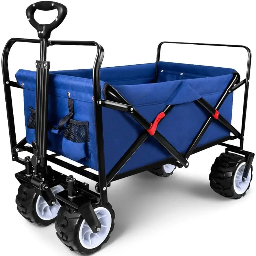 

350 Pound Capacity Collapsible Foldable Beach Wagon With Big Wheels for Sand Camping Shopping All Terrain Utility Blue Trolley