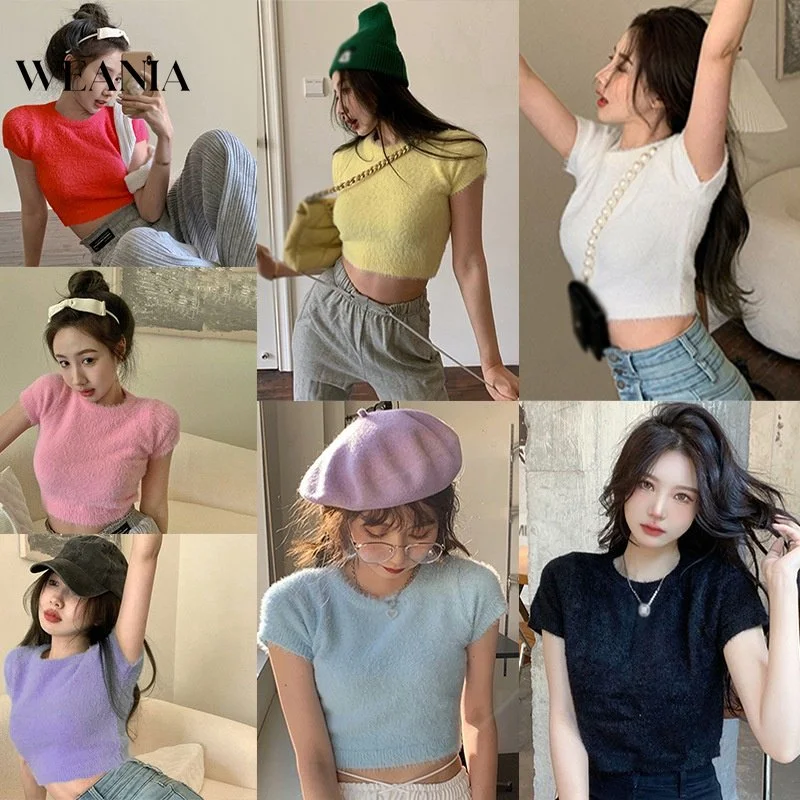 

Women's Crop Tops O Neck Slim Casual Expose Navel Korean T-Shirt