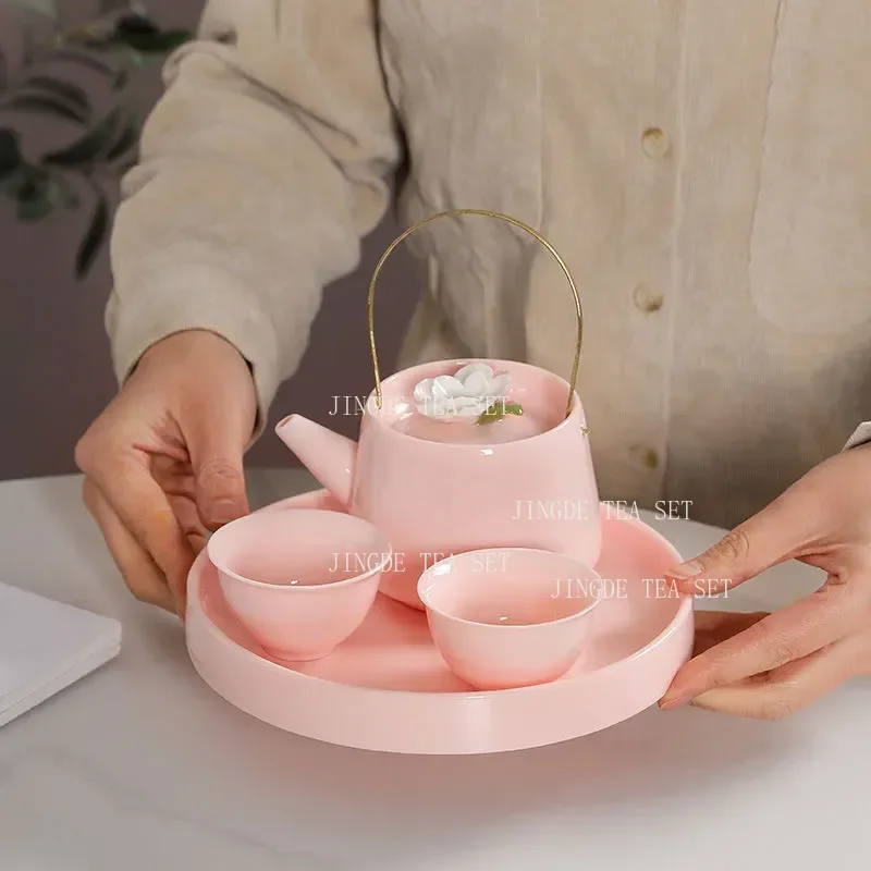 Handcrafted Pink Flower Tea Set High Appearance Lovely Ceramic Teapot and Cup Set Customized Ball Hole Filter Tea Infuser