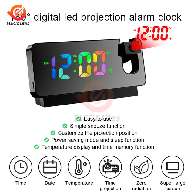 Reloj despertador de proyección Digital colorido con proyección en el techo,  relojes de proyección de rotación de 180 ° para dormitorio, mesita de noche  y Escritorio