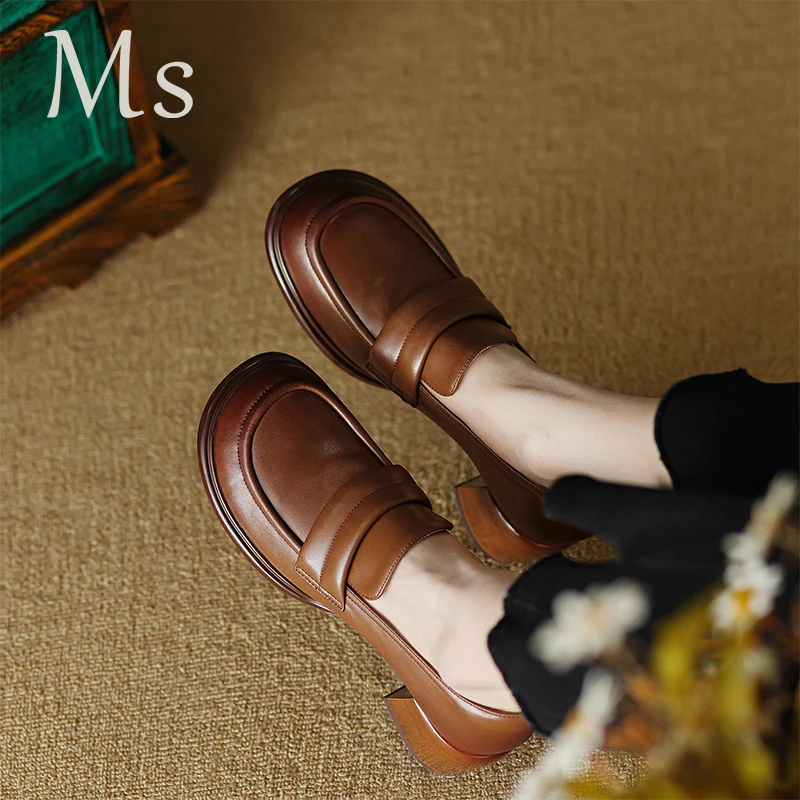

Ms Fashion Women Loafers Pumps Shoes High Heels Square Toe Black Brown Elegant Pigskin Women Shoes Spring Summer Autumn A10