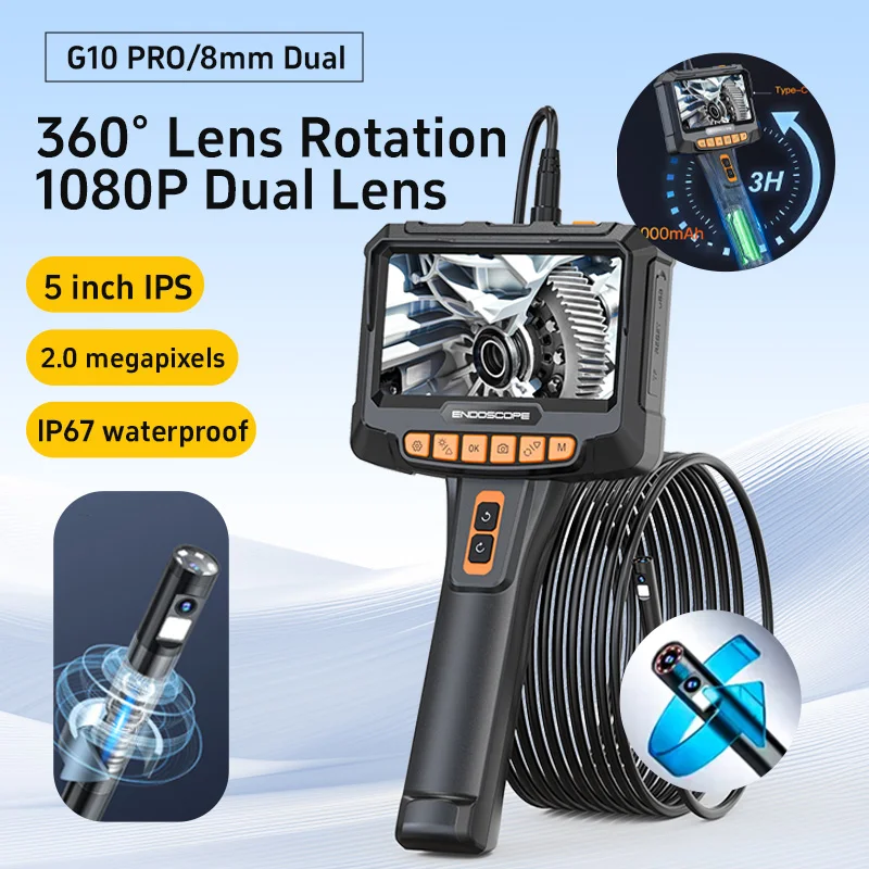 8mm 5in 360° 1080P Dual Lens Piping Automotive Controlled Industrial Rotary Endoscope Inspection Tools Camera Rotation For Cars