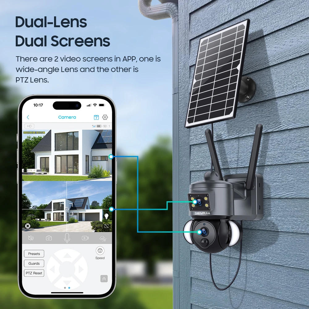 SHIWOJIA 4K 8MP Solar Camera 4G SIM /WIFI Security Outdoor Dual Lens Recording Humanoid Tracking Color Night Vision PTZ Cam