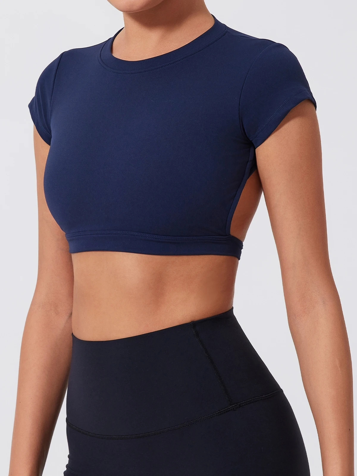 Women Crop Top - Backless Sports Crop Tee With High Compressive Waistband
